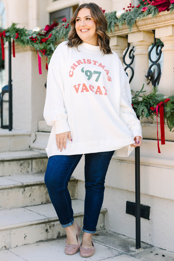 Plus size ivory mock neck pullover with 'Christmas '97 Vacay' graphic in a relaxed, flowy fit.