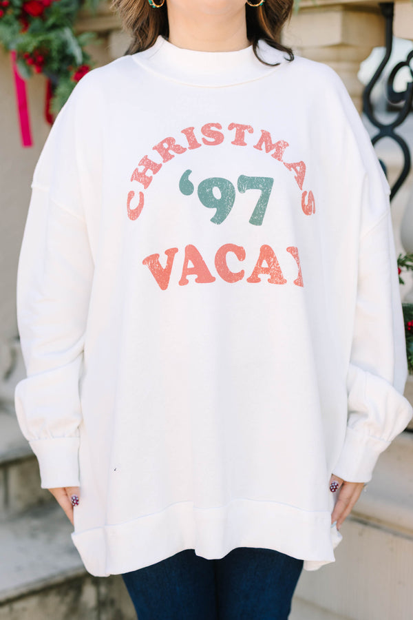 Plus size ivory mock neck pullover with 'Christmas '97 Vacay' graphic in a relaxed, flowy fit.