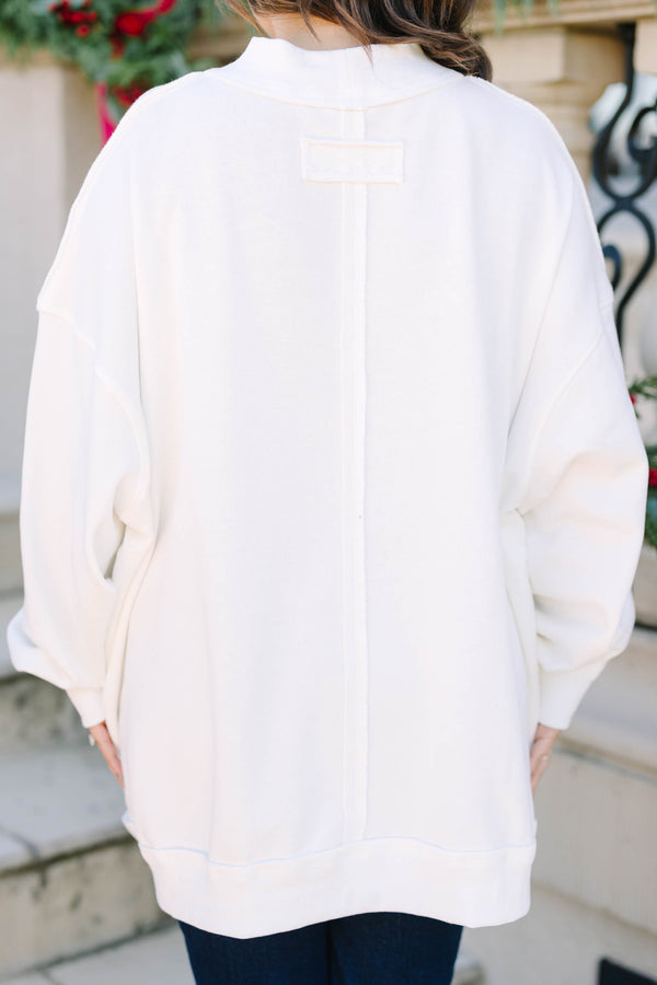 Plus size ivory mock neck pullover with 'Christmas '97 Vacay' graphic in a relaxed, flowy fit.