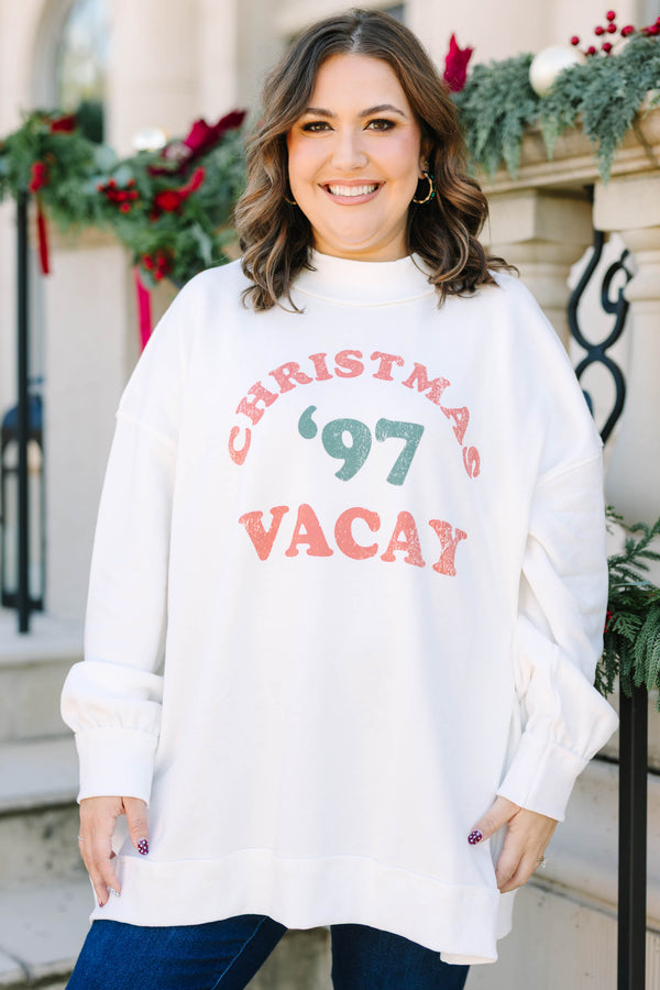 Plus size ivory mock neck pullover with 'Christmas '97 Vacay' graphic in a relaxed, flowy fit.