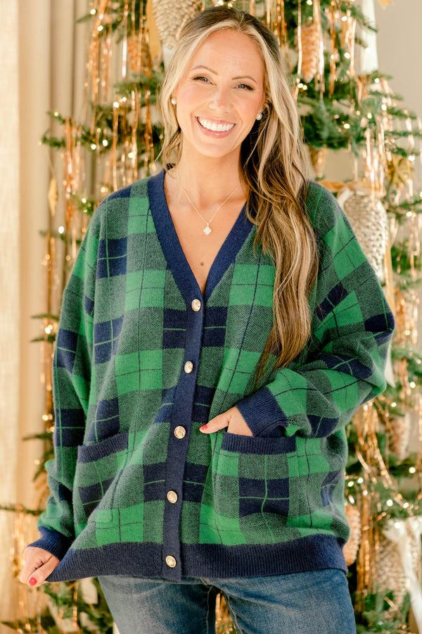 Chic Soul plus size clothing, green and navy plaid button up v neck cardigan