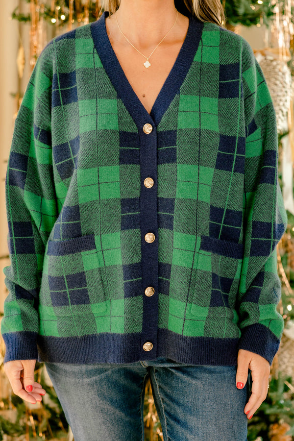 Chic Soul plus size clothing, green and navy plaid button up v neck cardigan