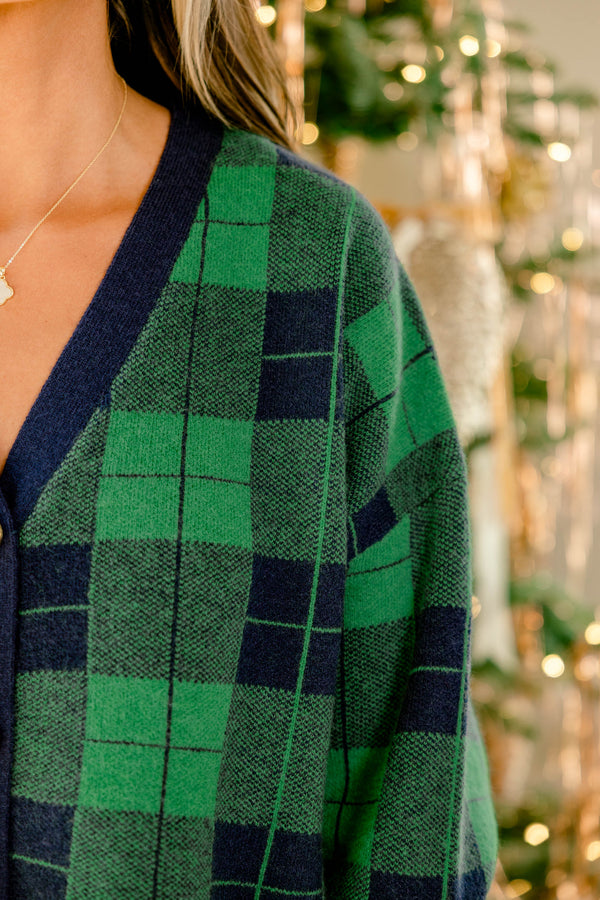 Chic Soul plus size clothing, green and navy plaid button up v neck cardigan