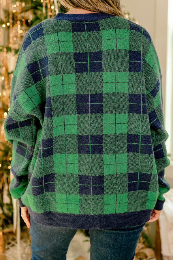Chic Soul plus size clothing, green and navy plaid button up v neck cardigan