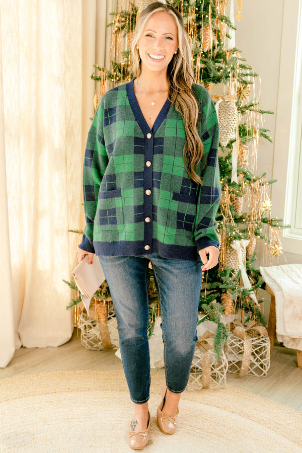 Chic Soul plus size clothing, green and navy plaid button up v neck cardigan