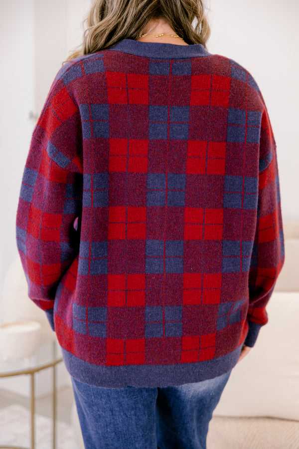 Chic Soul plus size clothing, red and navy long sleeve v neck button up cardigan with gold buttons 