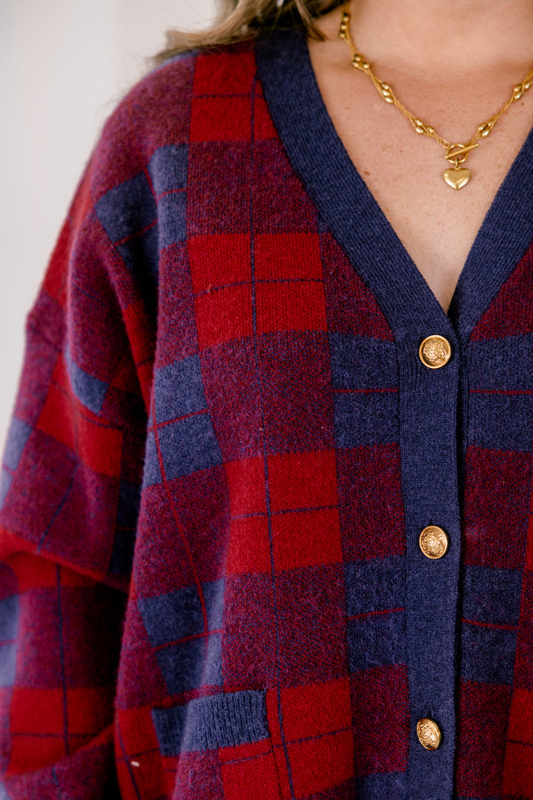 Chic Soul plus size clothing, red and navy long sleeve v neck button up cardigan with gold buttons 