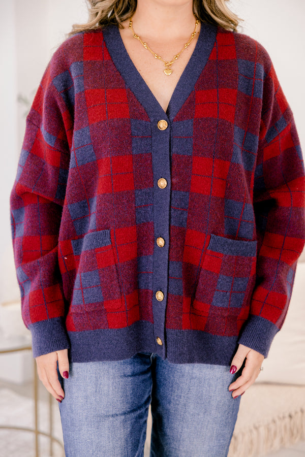 Chic Soul plus size clothing, red and navy long sleeve v neck button up cardigan with gold buttons 