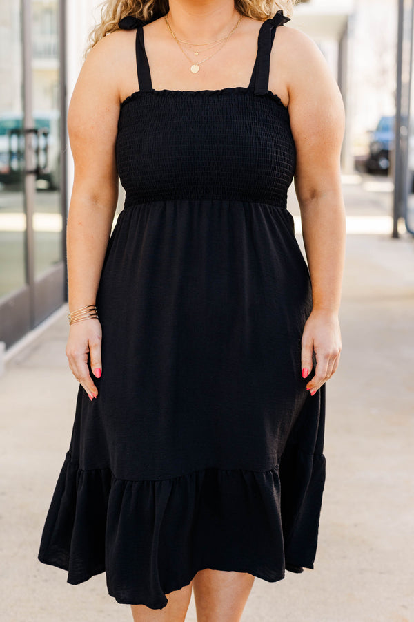Chic Soul plus size clothing, black smocked dress, midi length, sleeveless