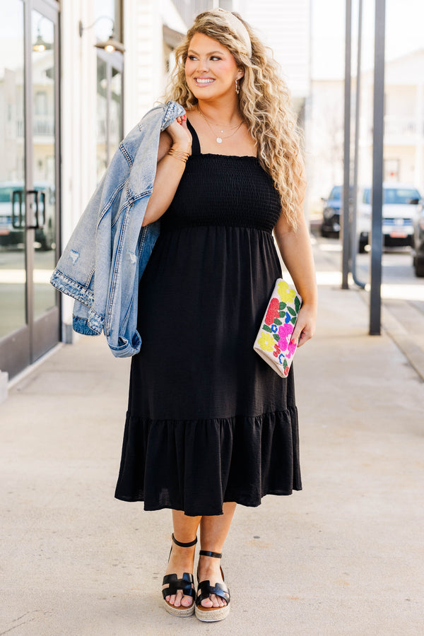 Chic Soul plus size clothing, black smocked dress, midi length, sleeveless