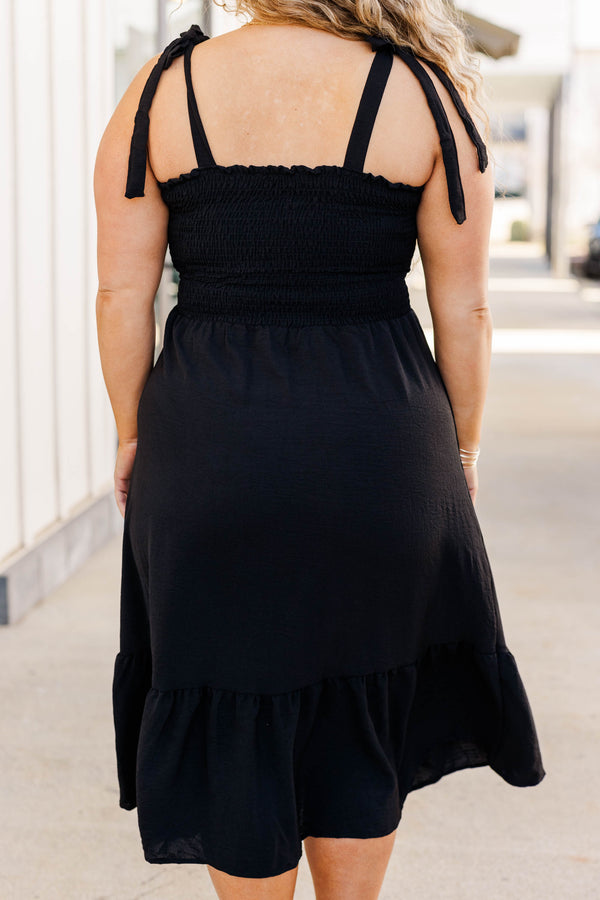 Chic Soul plus size clothing, black smocked dress, midi length, sleeveless