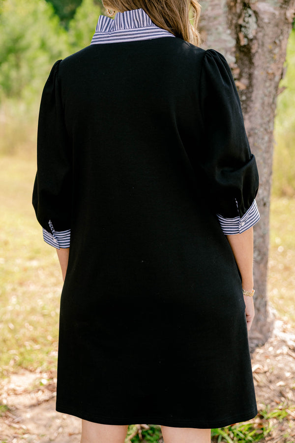 Chic Soul plus size clothing, black 3/4 length sleeve shift dress with a black and white striped collar and striping around the end of the sleeves