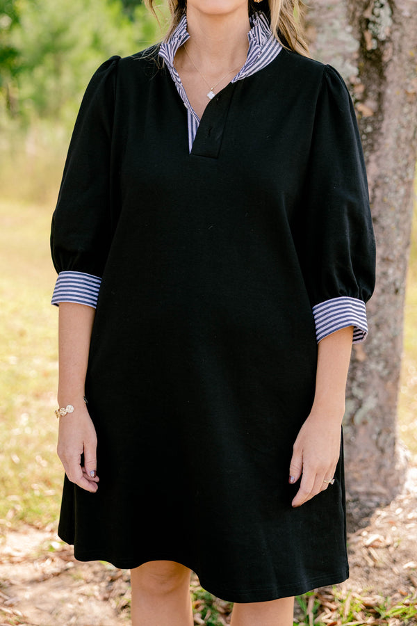 Chic Soul plus size clothing, black 3/4 length sleeve shift dress with a black and white striped collar and striping around the end of the sleeves
