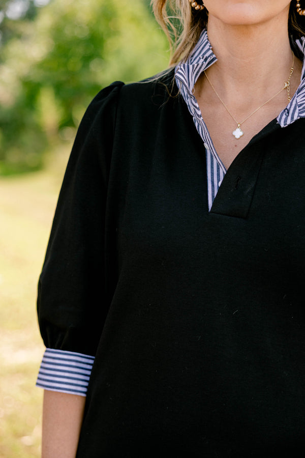 Chic Soul plus size clothing, black 3/4 length sleeve shift dress with a black and white striped collar and striping around the end of the sleeves
