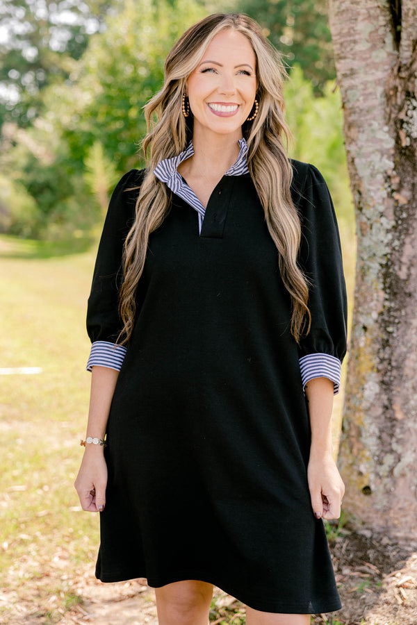 Chic Soul plus size clothing, black 3/4 length sleeve shift dress with a black and white striped collar and striping around the end of the sleeves
