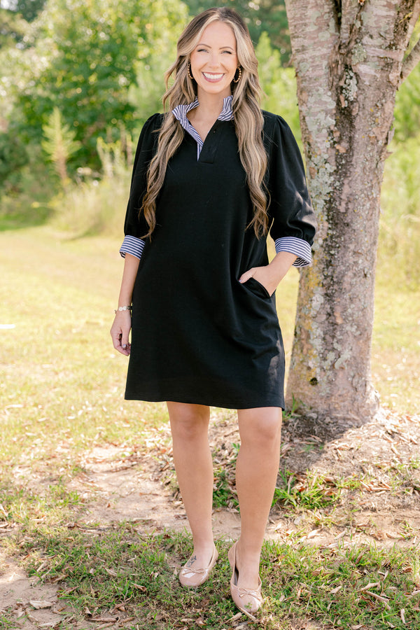 Chic Soul plus size clothing, black 3/4 length sleeve shift dress with a black and white striped collar and striping around the end of the sleeves