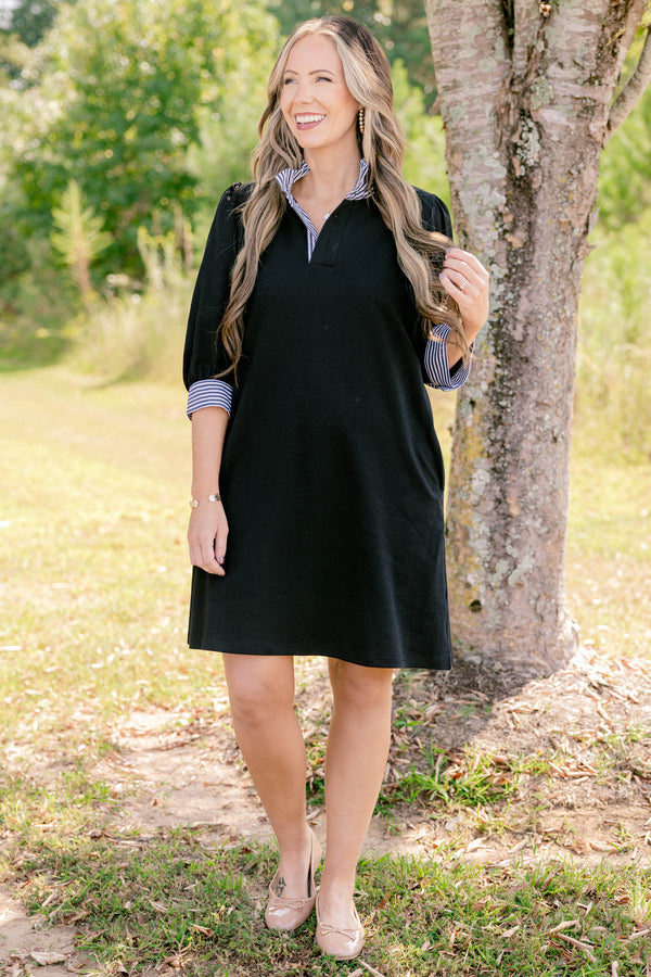 Chic Soul plus size clothing, black 3/4 length sleeve shift dress with a black and white striped collar and striping around the end of the sleeves