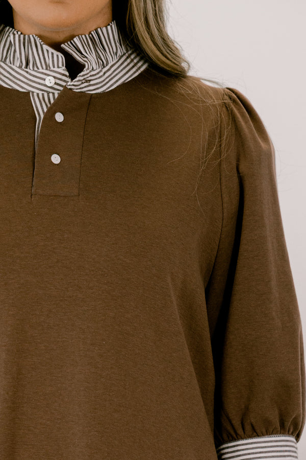 Chic Soul plus size clothing, brown 3/4 length sleeve shift dress with a brown and white striped collar and striping around the end of the sleeves