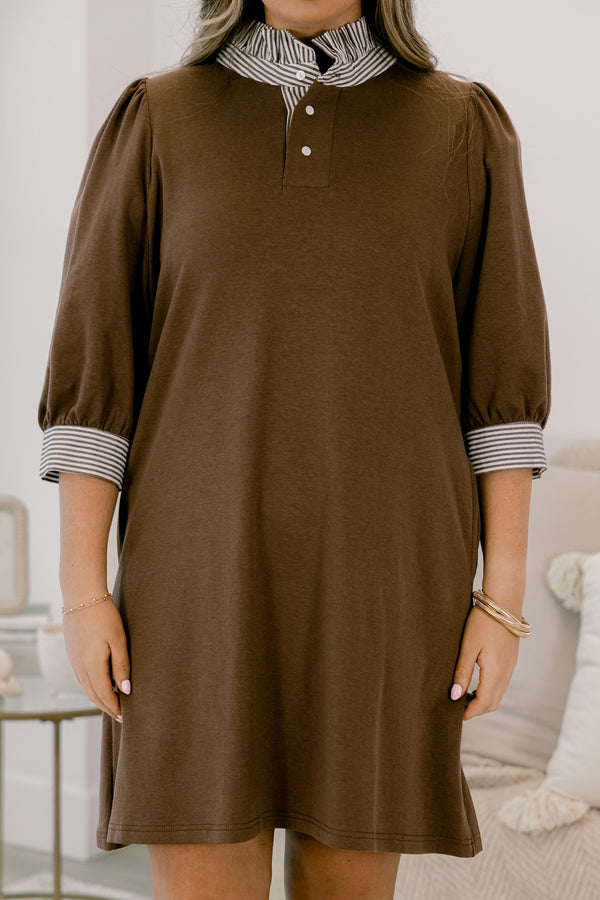 Chic Soul plus size clothing, brown 3/4 length sleeve shift dress with a brown and white striped collar and striping around the end of the sleeves