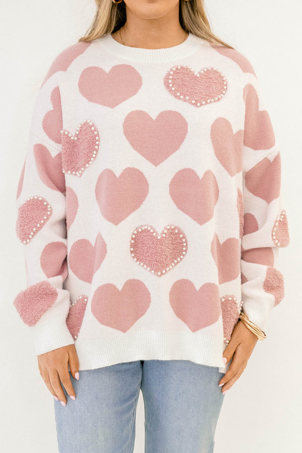Chic Soul plus size clothing, white long sleeve sweater with light pink hearts and some with white pearls around the edge of the heart