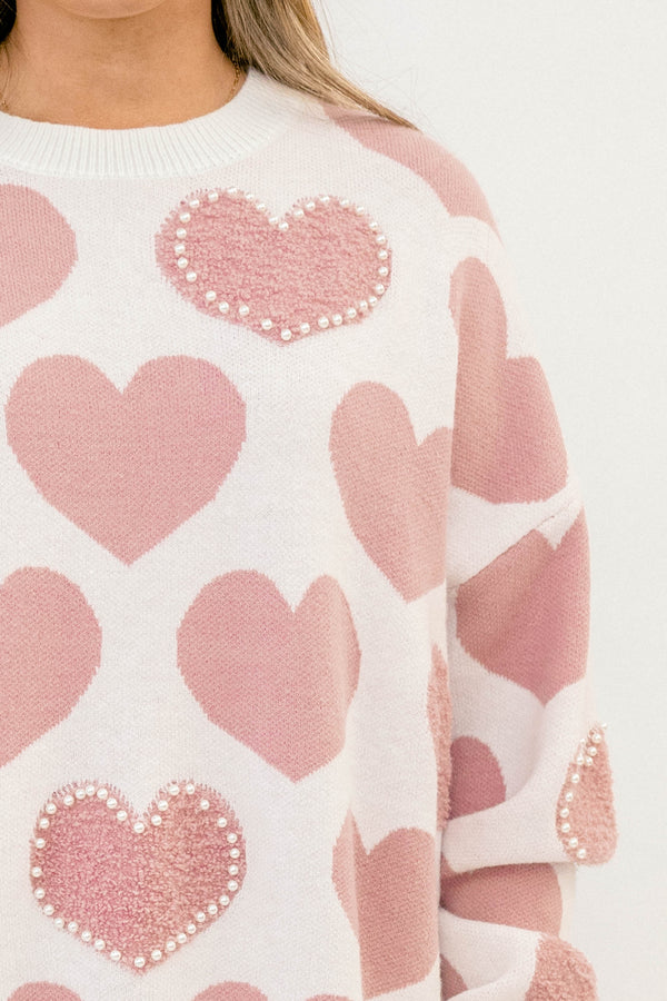 Chic Soul plus size clothing, white long sleeve sweater with light pink hearts and some with white pearls around the edge of the heart