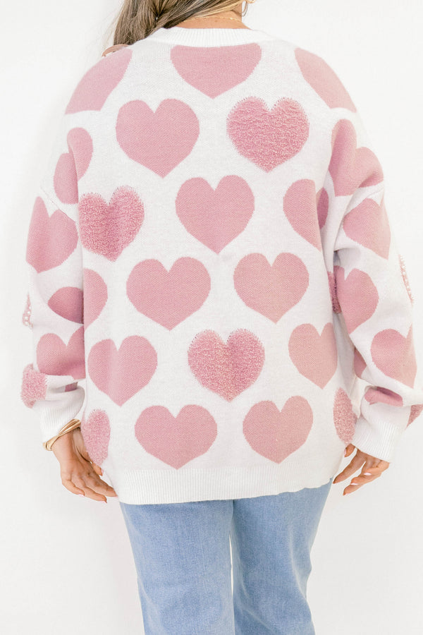 Chic Soul plus size clothing, white long sleeve sweater with light pink hearts and some with white pearls around the edge of the heart