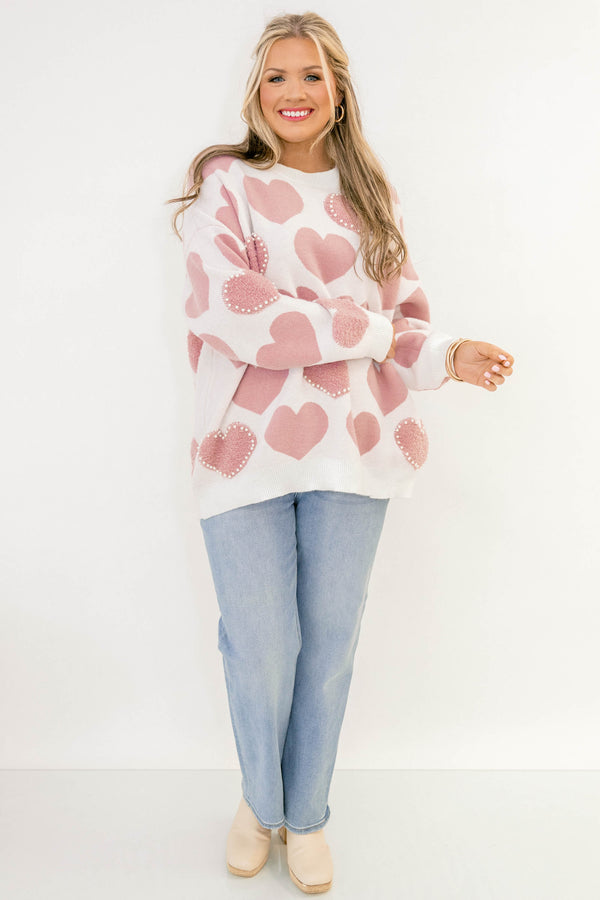 Chic Soul plus size clothing, white long sleeve sweater with light pink hearts and some with white pearls around the edge of the heart