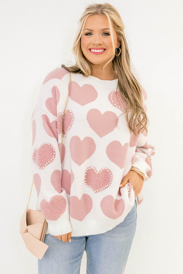 Chic Soul plus size clothing, white long sleeve sweater with light pink hearts and some with white pearls around the edge of the heart