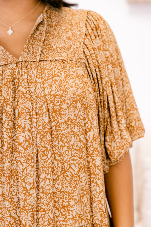 Chic Soul plus size clothing, brown floral short sleeve short dress with brown fringe tassels and baby doll tiered skirt