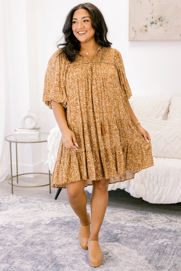 Chic Soul plus size clothing, brown floral short sleeve short dress with brown fringe tassels and baby doll tiered skirt