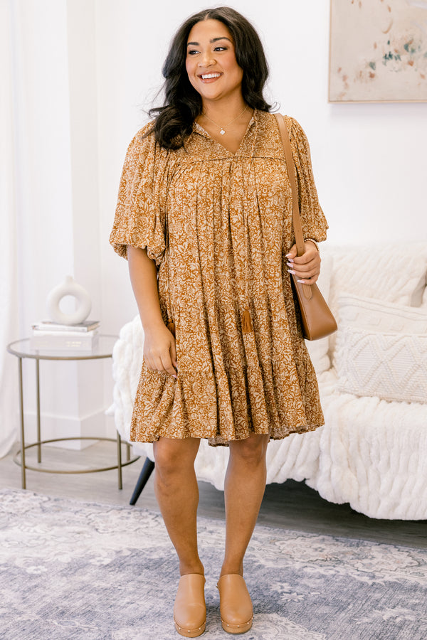 Chic Soul plus size clothing, brown floral short sleeve short dress with brown fringe tassels and baby doll tiered skirt