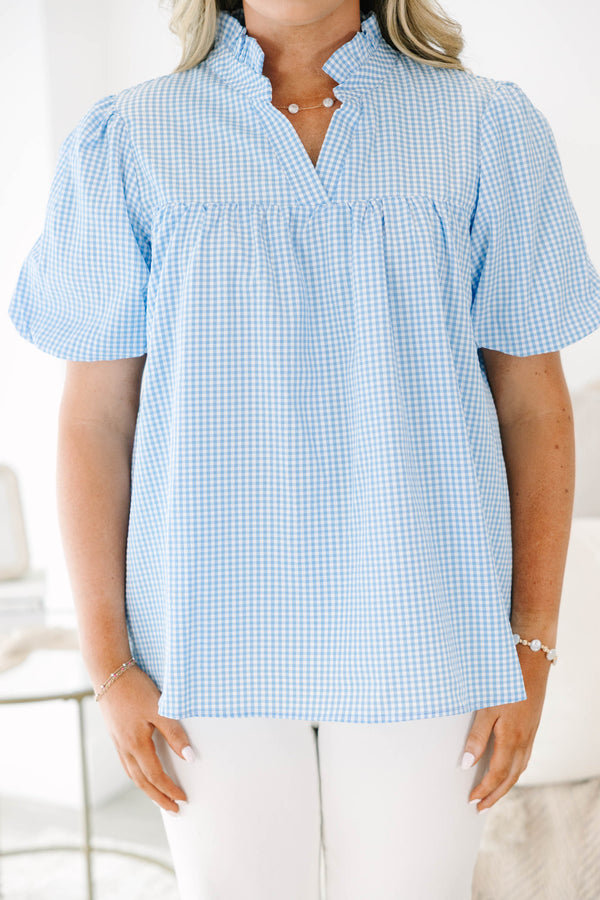 Plus Size blue gingham top with ruffled split v-neck and elastic bubble sleeves.