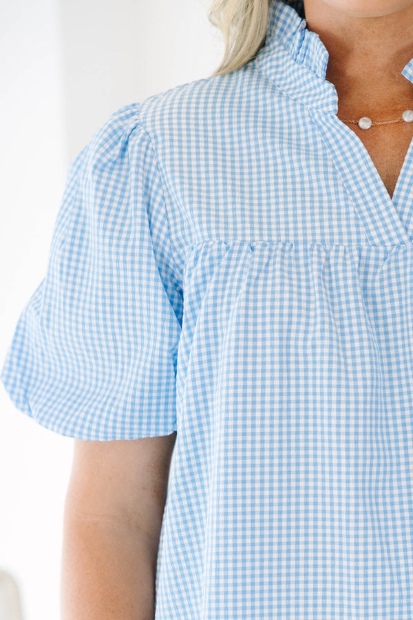 Plus Size blue gingham top with ruffled split v-neck and elastic bubble sleeves.
