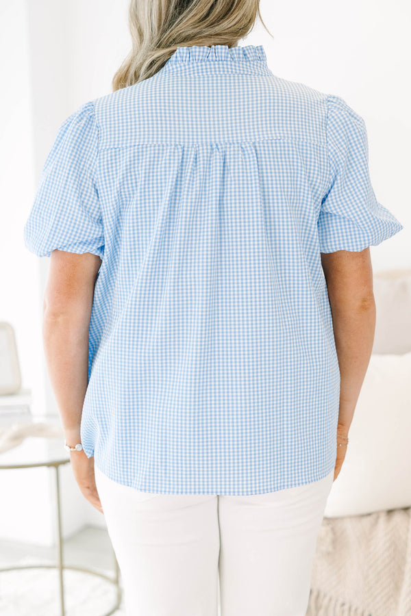 Plus Size blue gingham top with ruffled split v-neck and elastic bubble sleeves.