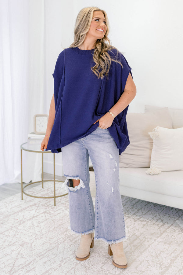 Chic Soul plus size clothing, navy short sleeve slouchy fit sweater