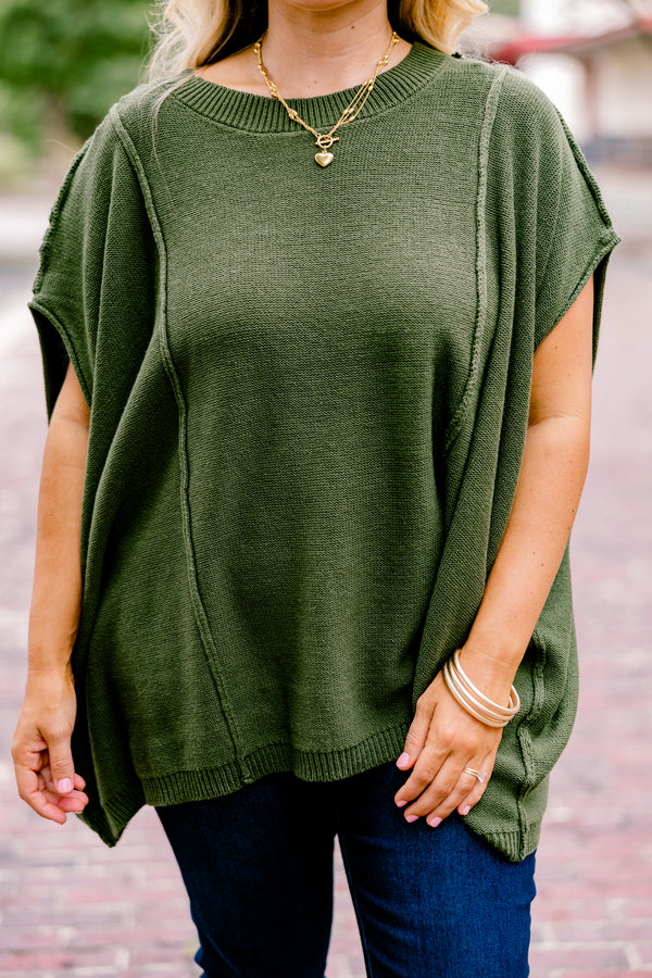Chic Soul plus size clothing, short dolman sleeve olive green flowy sweater 