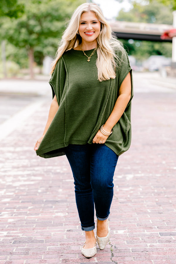 Chic Soul plus size clothing, short dolman sleeve olive green flowy sweater 