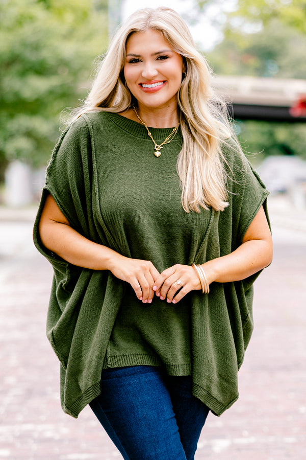 Chic Soul plus size clothing, short dolman sleeve olive green flowy sweater 