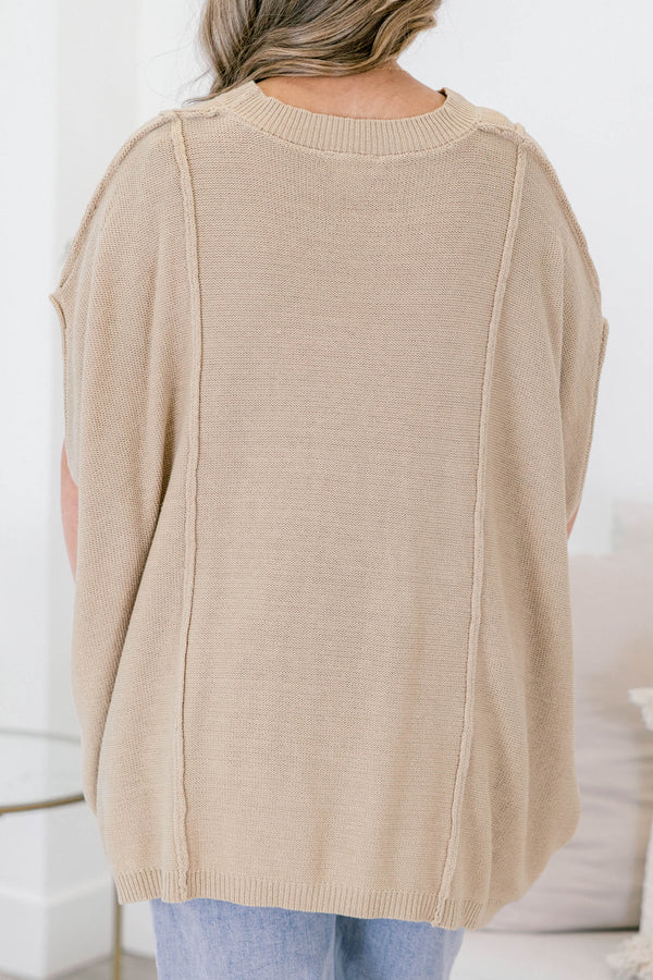 Chic Soul plus size clothing, taupe short sleeve sweater with ribbed details 