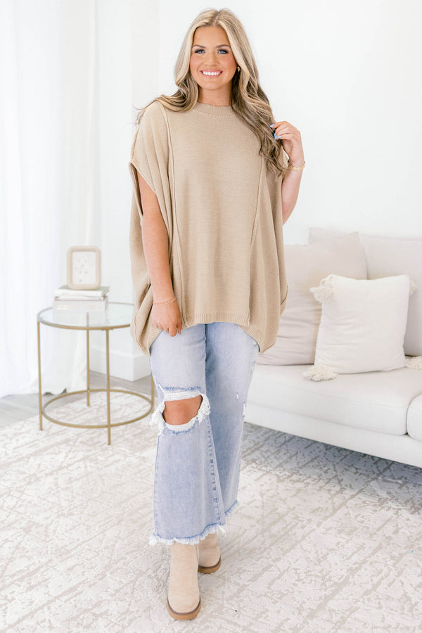 Chic Soul plus size clothing, taupe short sleeve sweater with ribbed details 