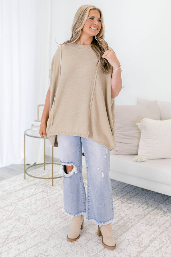 Chic Soul plus size clothing, taupe short sleeve sweater with ribbed details 