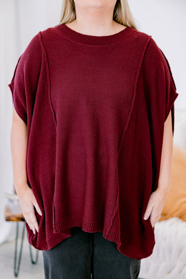 Chic Soul Plus size clothing, wine colored wit short sleeves and stitching going down the front of the shirt 