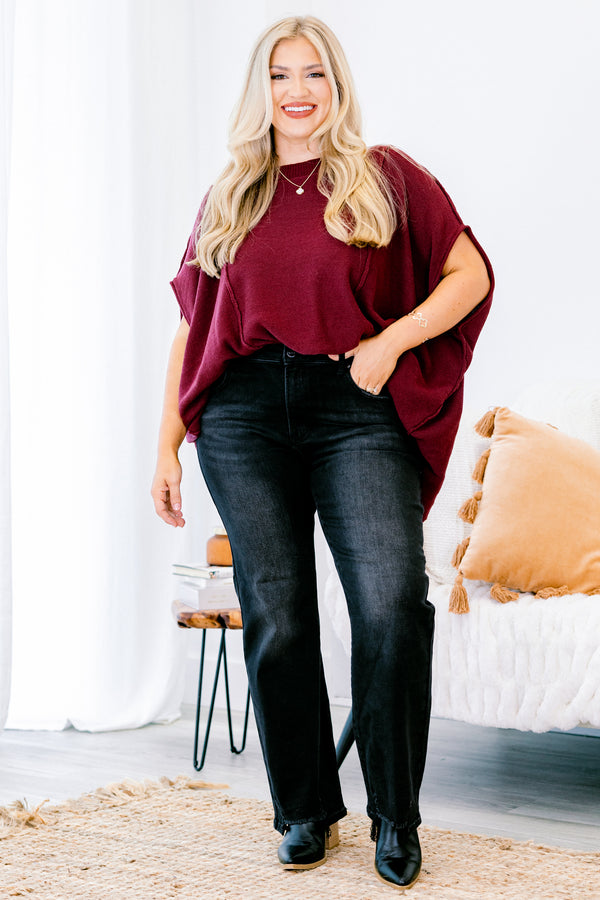 Chic Soul Plus size clothing, wine colored wit short sleeves and stitching going down the front of the shirt 