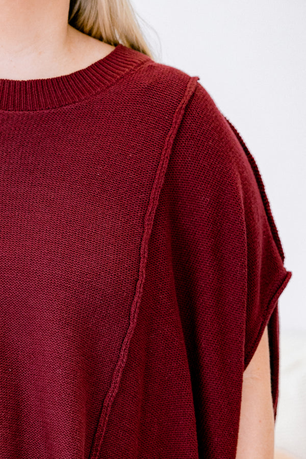 Chic Soul Plus size clothing, wine colored wit short sleeves and stitching going down the front of the shirt 