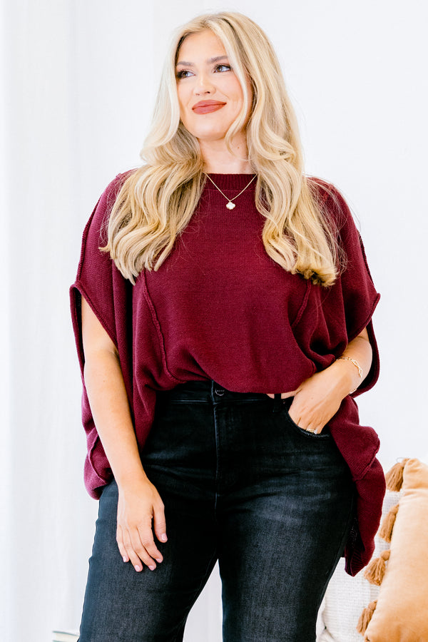 Chic Soul Plus size clothing, wine colored wit short sleeves and stitching going down the front of the shirt 