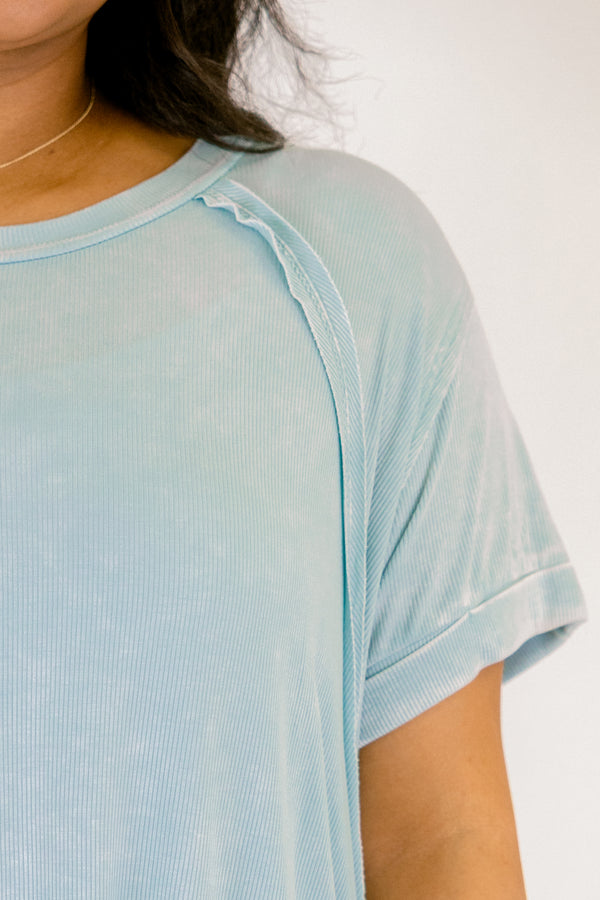 Chic Soul plus size clothing, dusty blue short sleeve tee with a distressed look and cuffs at the end of each sleeve 