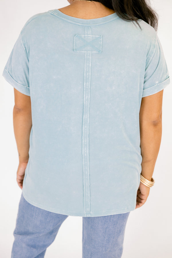 Chic Soul plus size clothing, dusty blue short sleeve tee with a distressed look and cuffs at the end of each sleeve 
