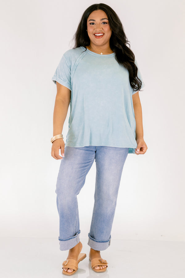 Chic Soul plus size clothing, dusty blue short sleeve tee with a distressed look and cuffs at the end of each sleeve 
