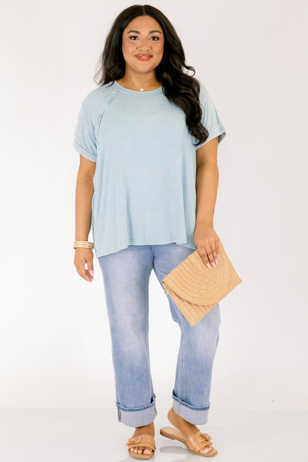Chic Soul plus size clothing, dusty blue short sleeve tee with a distressed look and cuffs at the end of each sleeve 