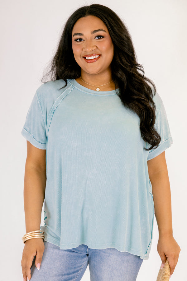 Chic Soul plus size clothing, dusty blue short sleeve tee with a distressed look and cuffs at the end of each sleeve 
